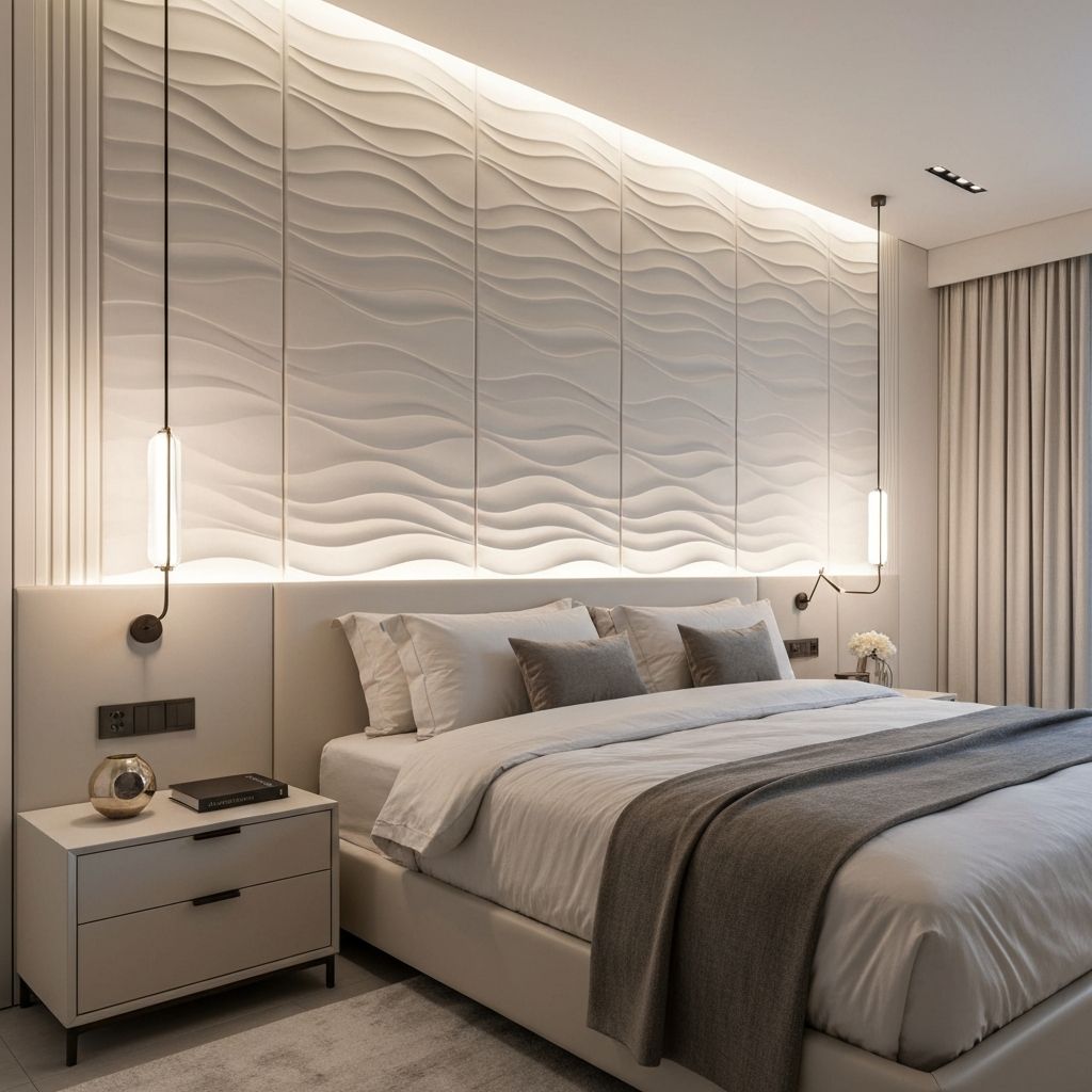 Спальня в сучасному стилі — Акцентна стіна за узголів'ям ліжка. Модель «Хвиля Океану» у білому кольорі.