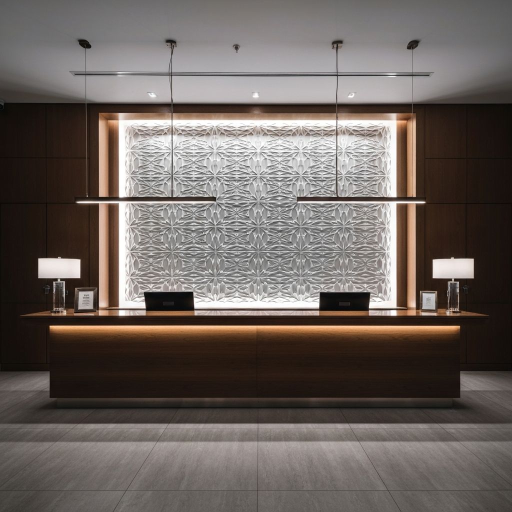Ресепшн офісного центру — Масштабна інсталяція з 3D панелей для зони прийому відвідувачів.