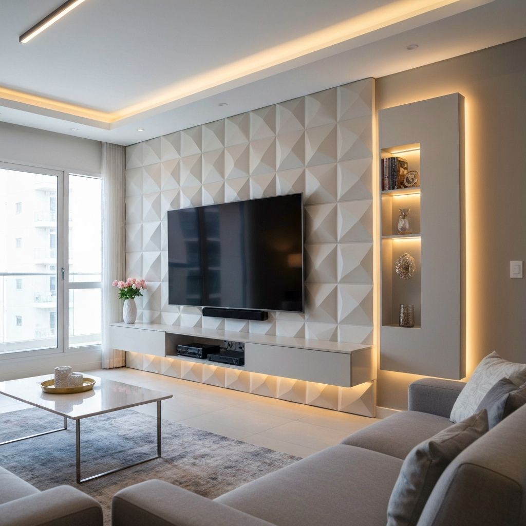 ТВ-зона у вітальні — Панелі навколо телевізора з інтегрованою LED-підсвіткою.